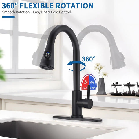 HOMELODY LED Temperature Display Black Kitchen Faucet with Pull Down Sprayer - High arc faucet showcasing 360° rotation feature.
