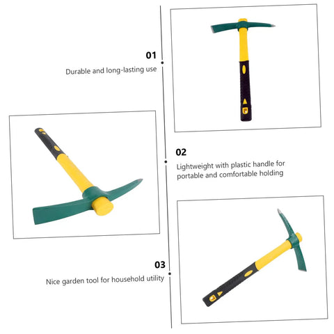 Yellow Plastic-Clad Pickaxe With Lightweight Fiberglass Handle For Gardening and Yard Work, showing different angles.