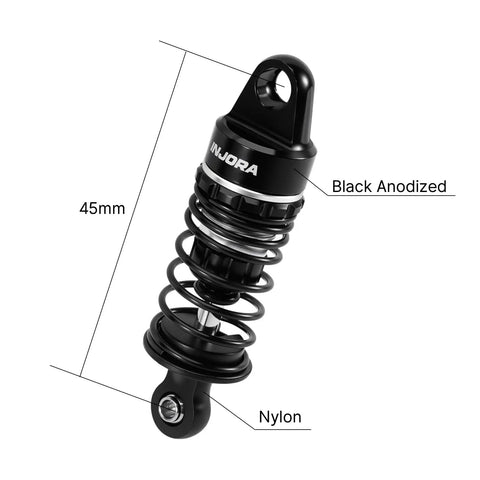 45mm Oil Shocks With Progressive Rate Springs For One Twelfth Losi Nascar RC Upgrades Beefed Up And Replacement Includes Two Spring Rates One Millimeter And One Point One Millimeter CNC Machined Aluminum Shock Bodies Nylon Rod Ends shown