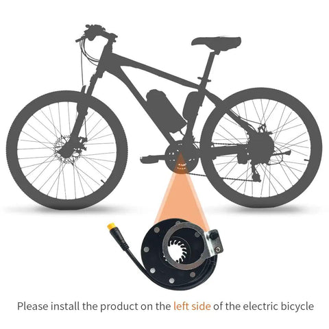 Diagram showing Electric Bicycle KT PAS 8 Magnet Speed Sensor installation on left side with waterproof 3-pin SM plug for e-bike.