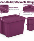 Top Shelf 18 Gallon Storage Bin With No Sweat Snap On Lid Hella Spacious Stackable Tote in magenta, showing secure and stackable design.