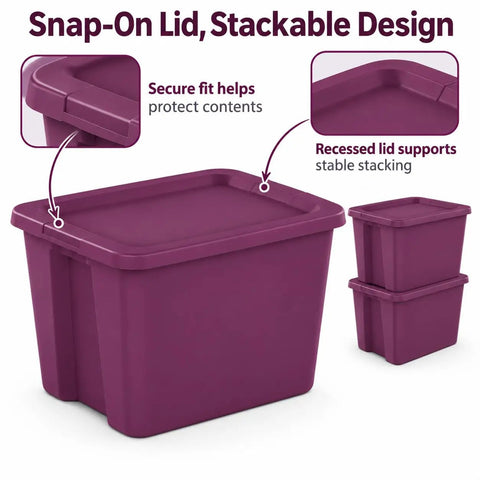 Top Shelf 18 Gallon Storage Bin With No Sweat Snap On Lid Hella Spacious Stackable Tote in magenta, showing secure and stackable design.