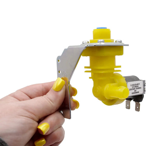 Person holding Ice Machine Water Valve Replacement IH9124 000009124 with brackets, 220-240V, 50/60Hz, 6W, 2.64 GPM