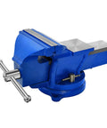 Heavy Duty 6 Inch Bench Vise With Locking Base Clamp Cast Steel 360 Degree Swivel Built In Anvil For Woodworking Conduit Drilling Cutting And Sanding On a Desktop Workbench, blue cast steel