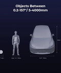 Raptor Pro 3D Scanner Delivers Metrology Grade Accuracy Up To 0.02mm At 60FPS With Blue Laser Array And NIR Structured Light For Fast, Pinpoint Precision Scans Of Medium To Large Objects For 3D Printing. Range chart with coin, person, and car