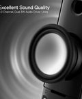 Close-up of GS550 2.0 Channel Desktop PC Gaming Speakers Bar, highlighting the audio driver and excellent sound quality text.