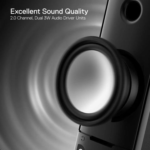 Close-up of GS550 2.0 Channel Desktop PC Gaming Speakers Bar, highlighting the audio driver and excellent sound quality text.