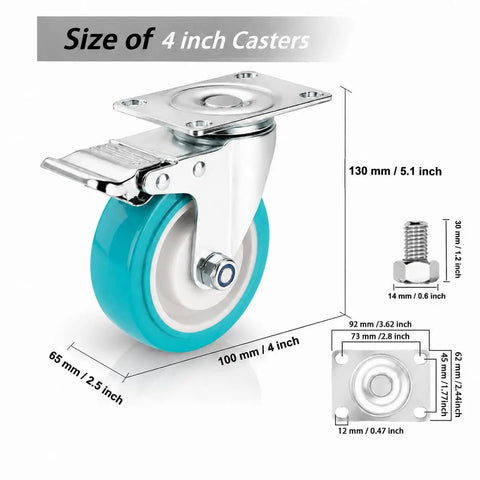 Killer 4 Inch Caster Wheels Heavy Duty TPR Silent Rollers dimensions, 4 inch size, detailed measurements displayed.