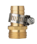 Two Pack Brass Five Eighth Inch Garden Hose Connector Kit With Male And Female Fittings And Clamps, Heavy Duty Leak Proof Hose Mender End Repair, Corrosion Resistant, Easy Connect And Disconnect, Fits Standard Five Eighth Inch Thread showing brass male connector and clamp