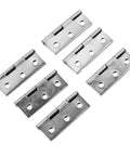 Set of six rotating concealed hinges made of stainless steel for doors and cabinets, shown from above