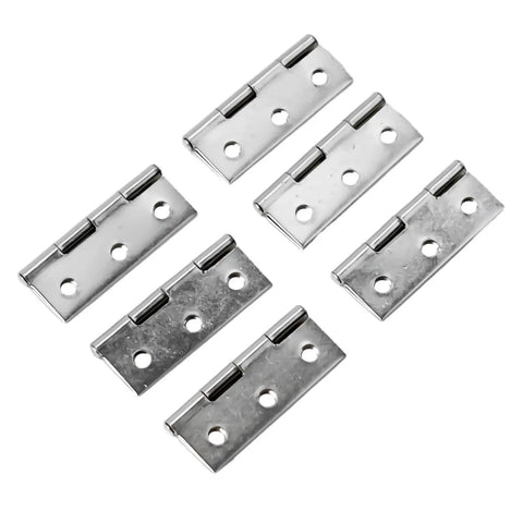 Set of six rotating concealed hinges made of stainless steel for doors and cabinets, shown from above