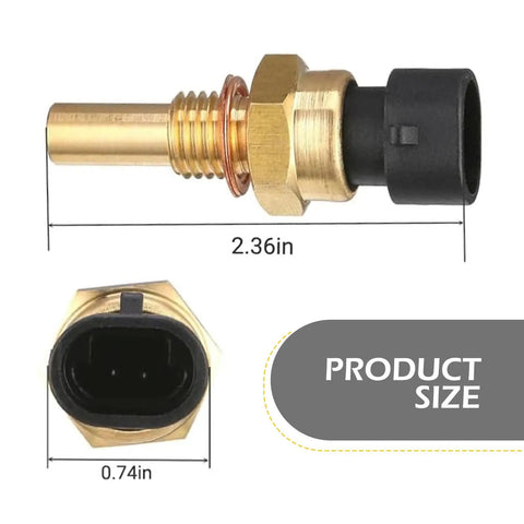 Water Temperature Sensor Kit For Automotive Engines, Contact Sensitive No Break Plug And Play Wire Installation Kit, Delphi 3rd Generation Compatible, OEM Aliases 15369305 1341856 55199579 21123851010, Black And Gold with product dimensions 2.36in and 0.74in shown.