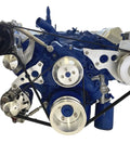 Big Block Ford 429 460 Serpentine Pulley Conversion Kit With Mechanical Water Pump Alternator Power Steering And AC Drive Belt Assembly For 1970 Plus Engines complete engine assembly with polished pulleys and blue paint.