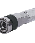 Close-up of the connector for the Ultra Lightweight Contractor Air Hose With True Kick Ass Kink Resistance Hella Tough All Weather Body.