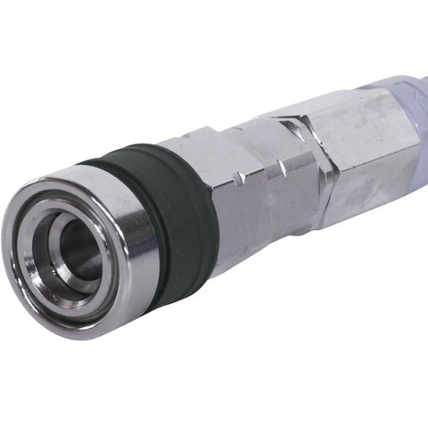 Close-up of the connector for the Ultra Lightweight Contractor Air Hose With True Kick Ass Kink Resistance Hella Tough All Weather Body.
