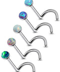 Five Pack 18g ASTM F136 Titanium Nose Studs With Vibrant Opal Tops For Nostril Piercings showing four unique opal top designs.