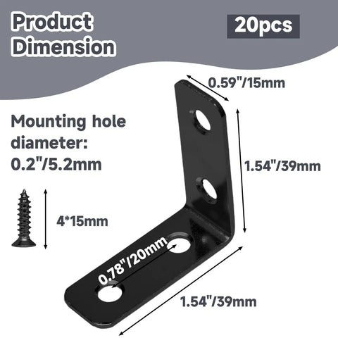 Kickass Heavy Duty Black L Corner Brackets Built To Last With Rust Resistant Coating For Hardcore DIY Woodworking And Renovation Projects Includes Screws Pack dimensions with labels.