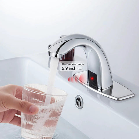 Touchless Bathroom Sink Faucet With Sensor Motion Activated Hands Free Experience In Chrome Finish, Battery Operated, 2 GPM Aerator, Temperature Valve, Deck Plate Included, Water Saving, Commercial Grade, Modern Sleek Design