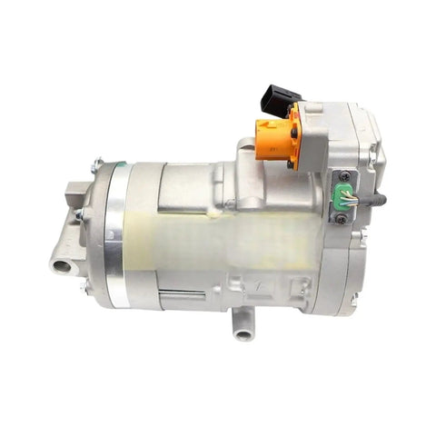 Heavy Duty Electric AC Compressor Crafted For Smooth Cabin Climate Comfort Compatible With Hyundai Kona And Kia Niro Ev Replaces 97701 K4000 Hes33, side view with electrical connectors.