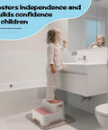 Top Shelf Two Pack Todder Step Stool For Bathroom Sink With Non Slip Rubber Base That Provides Zero Hassle Stability And Helps Kids Grab Their Toothbrush Like A Pro, child using it to brush teeth