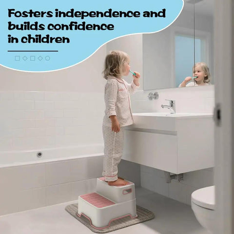Top Shelf Two Pack Todder Step Stool For Bathroom Sink With Non Slip Rubber Base That Provides Zero Hassle Stability And Helps Kids Grab Their Toothbrush Like A Pro, child using it to brush teeth