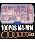 Copper Washers Assortment Kit With 100 Flat Gaskets In M4 M5 M6 M8 M10 M12 M14 For Cars Boats Plumbing And DIY Projects