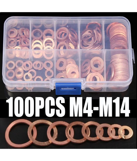 Copper Washers Assortment Kit With 100 Flat Gaskets In M4 M5 M6 M8 M10 M12 M14 For Cars Boats Plumbing And DIY Projects