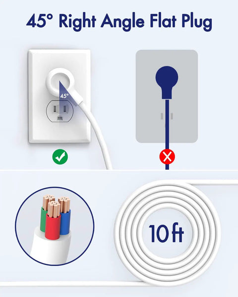 Long 10 Foot Power Strip Surge Protector With Six Outlets And Four USB Ports, flat plug detail and 10ft cord length illustration