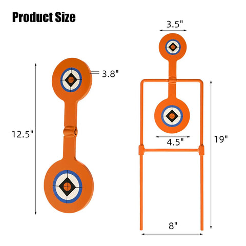 Double Spinner Auto Reset Steel Target For Handguns Up To.44 Magnum With 3.5 Inch And 4.5 Inch Targets dimensions shown