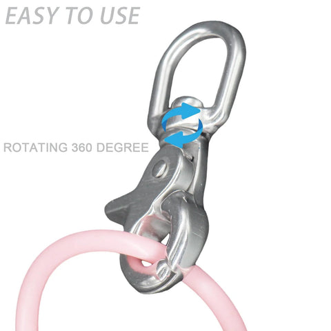 316 stainless steel swivel trigger snap hook, 2.65 in, pink cord threaded through; front view