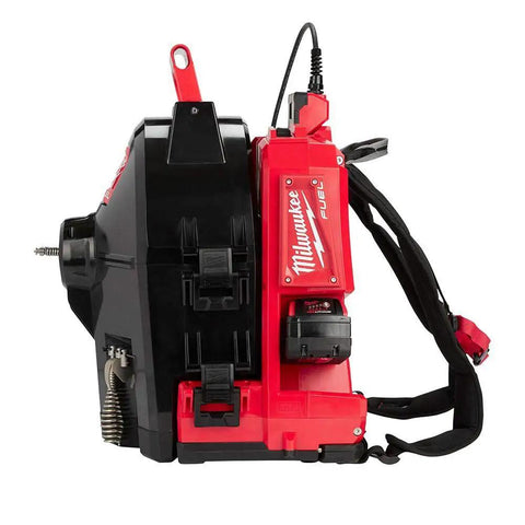 Milwaukee Fuel backpack power tool, black and red, side view, designed for efficient job site use, cordless, lightweight.