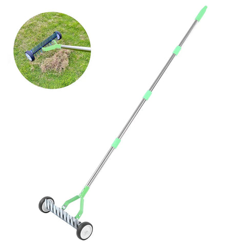 Beefy Heavy Duty Lawn Thatching Rake With Roller Design For Effortless Dead Grass Removal And Soil Loosening 15 Inch Wide