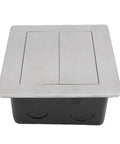 Slick Recessed Floor Power Box Featuring Double Electric Receptacles With Smooth Sliding Cover For Modern Homes, stainless steel and black design.