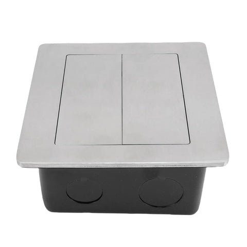 Slick Recessed Floor Power Box Featuring Double Electric Receptacles With Smooth Sliding Cover For Modern Homes, stainless steel and black design.