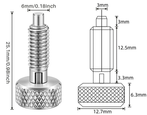 Heavy Duty Spring Plunger Pair With Zero Hassle Knurled Grip Solid Stainless Steel Quick Release Pin M6 Lock Out Assembly dimensions and details.