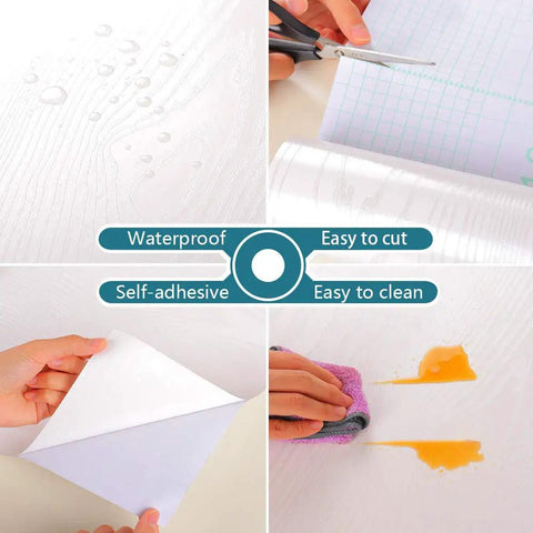 White Wood Textured Peel And Stick Wallpaper For Countertops Cabinets Desks And Furniture Silver Wood Grain Vinyl 15.7 Inch Wide By 354 Inch Long Roll Durable Matte Finish Easy Self Adhesive Cover, shown being waterproof, cuttable, self-adhesive, and cleanable.