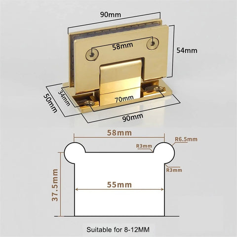 Straight Up Heavy Duty 90 Degree Glass Door Hinges Stainless Steel 304 Matte Black Wall Mount Frameless Shower Door Hardware No Sweat Double Action Top Shelf Picks dimensions illustration with measurements displayed.