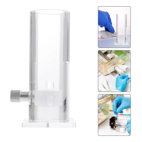 Top Shelf Transparent Acrylic Mouse Restrainer And Solid Lab Animal Holding Tube For 35 To 45 Gram Mice, view from side, shows smooth adjustment knob.