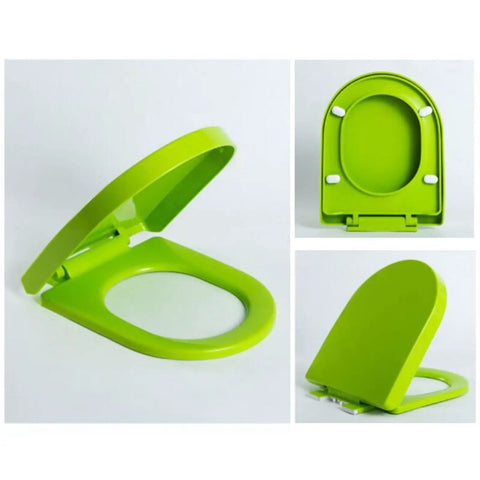 Premium White Oval Toilet Seat Featuring Heavy Duty Soft Close Action And Hassle Free Quick Release Hardware Crafted From Durable Polypropylene To Eliminate Loud Slamming Noise For Good, green color, open and closed views.