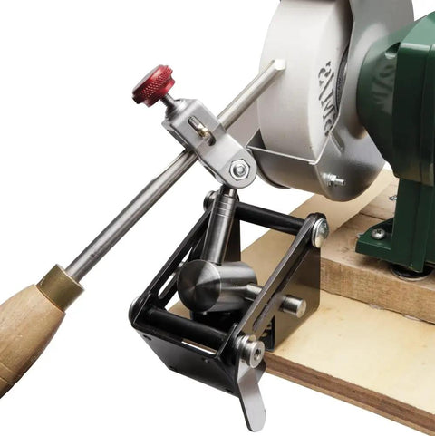 Deluxe Universal Sharpening System For Bowl And Spindle Gouges, Square Edge Tools setup with bench grinder close-up