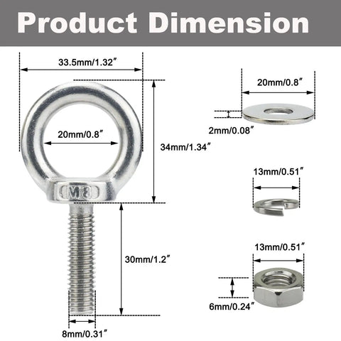 Dimensions diagram of Four Pack M8 By 30mm Stainless Steel Eyebolts with nuts and washers 304 grade for outdoor lifting and tie-down use.