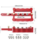 Dead On Precision Complete Self Centering Doweling Jig Kit With Professional Drill Bushes showing dimensions and features in red aluminum.
