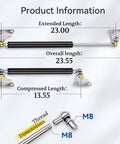 Gas Struts 23 Inch 200 Lbs With Brackets Two Pack Heavy Duty Lift Support dimensions and mounting diagram