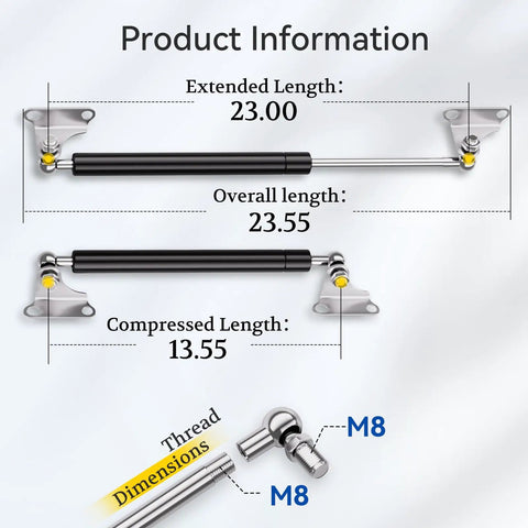 Gas Struts 23 Inch 200 Lbs With Brackets Two Pack Heavy Duty Lift Support dimensions and mounting diagram