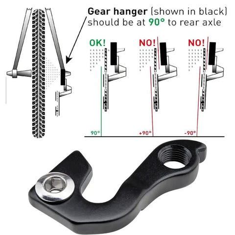 Universal Bicycle Derailleur Hanger With Bolt Black diagram showing ideal alignment with bike axle.