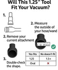 Compatibility guide for Deluxe Horsehair Brush Attachment Top Notch For Vacuum Cleaners, showing measurement and fit instructions.