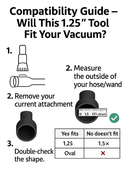 Compatibility guide for Deluxe Horsehair Brush Attachment Top Notch For Vacuum Cleaners, showing measurement and fit instructions.