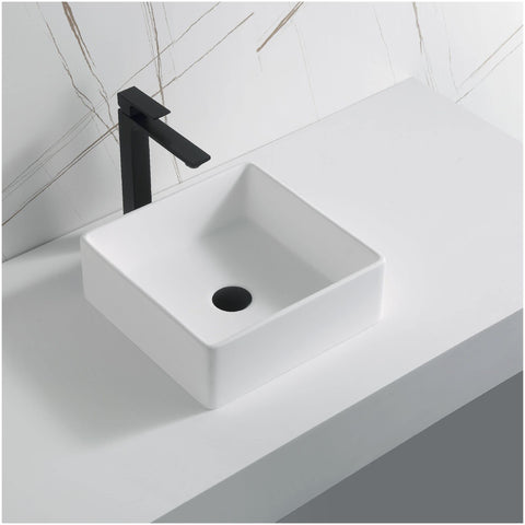 Quattro QM174 Vibrant Matte White 15 Inch Square Bathroom Vessel Sink For Above-Counter Installation on a modern counter