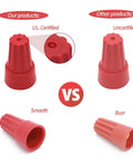 Red plastic insulated wire connector caps with ribbed exterior and threaded interior, front and side views