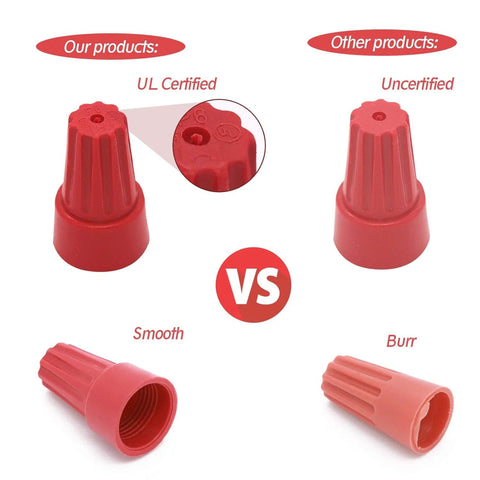 Red plastic insulated wire connector caps with ribbed exterior and threaded interior, front and side views